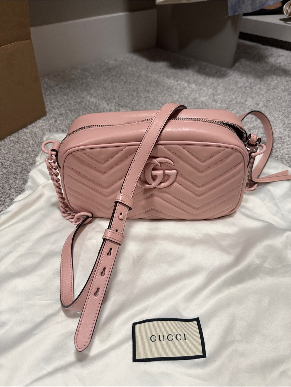 Gucci Blush Pink Chevron GG Marmont Small Camera Bag